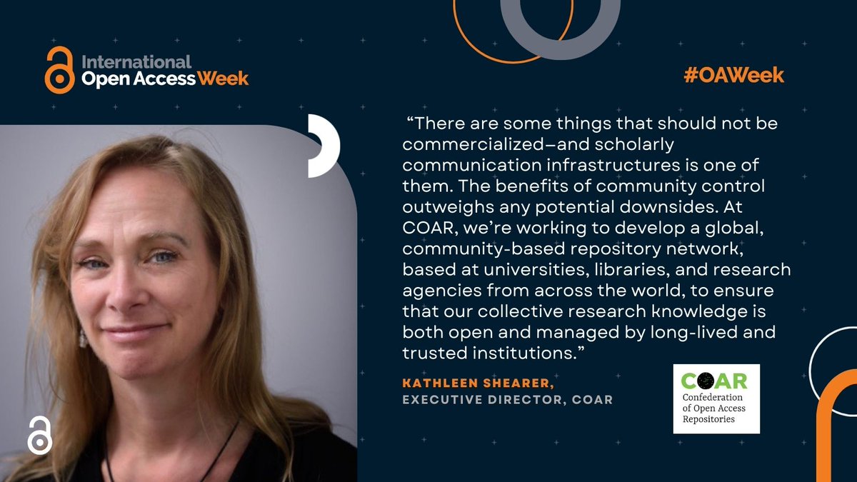 And it's a wrap with Kathleen Shearer at the Confederation of #OpenAccess Libraries @COAR_eV! It's been a great #OAWeek! openaccessweek.org/theme-profiles…