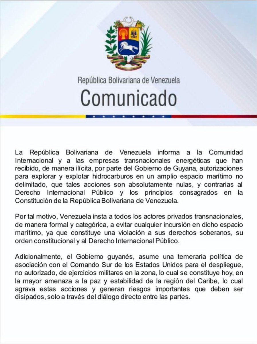 🇻🇪🇬🇾⛽ #Venezuela denuncia ante la comunidad internacional al gobierno de #Guyana por las autorizaciones otorgadas a empresas petroleras para explorar y explotar hidrocarburos en aguas disputadas por Venezuela

#DiálogoConvivenciaYPaz #27Oct #FelizTarde