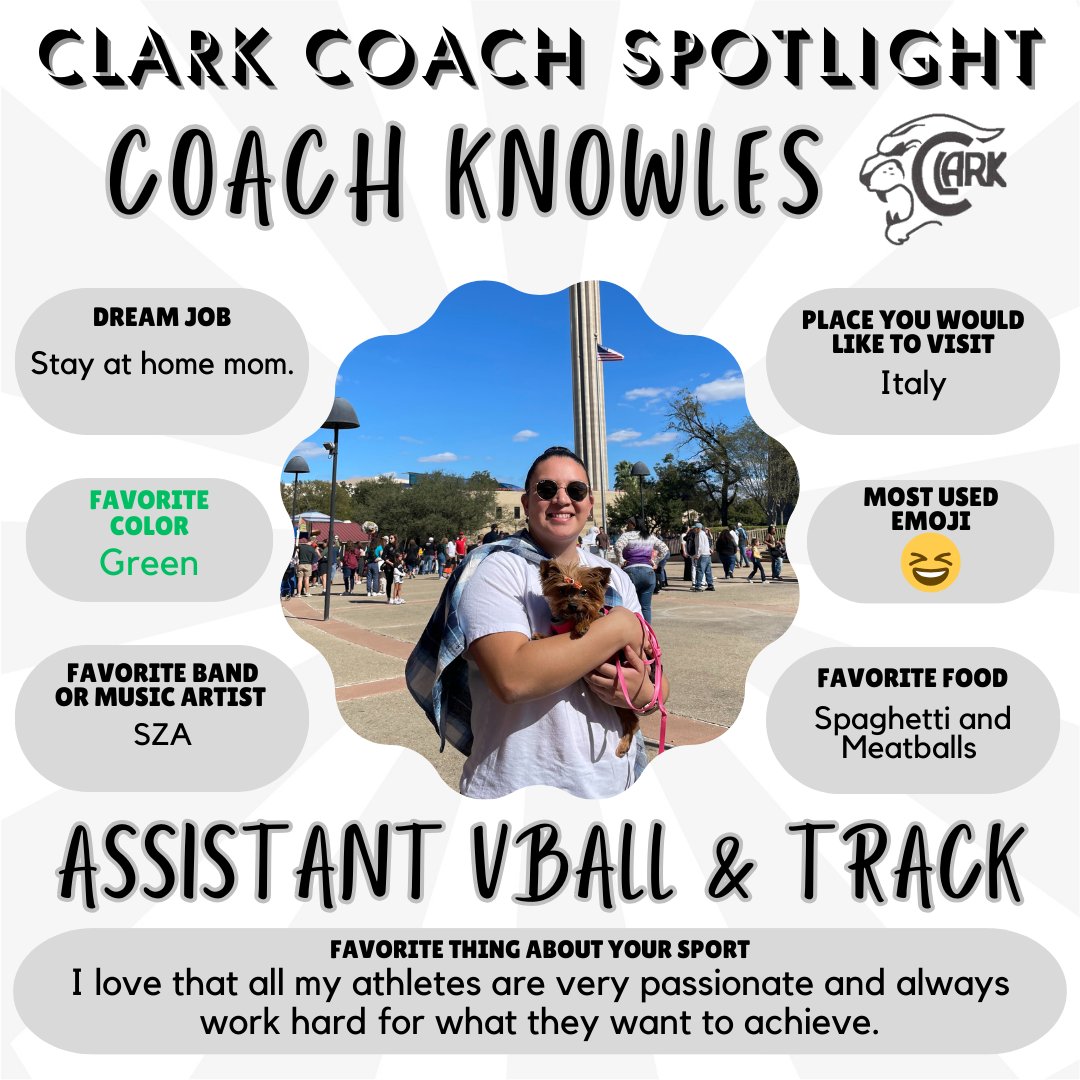 🐾🏐🏃‍♀️ Coach Knowles is our Assistant Volleyball and Assistant Track Coach. She is also an English Teacher. This is her first year at Clark!