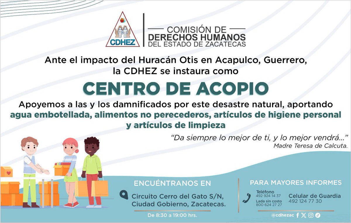 La #CDHEZ se solidariza con los damnificados del Huracán Otis, que dejó grandes impactos en #Acapulco, #Gro., por tal motivo se instaura como Centro de Acopio, para apoyar a quienes más lo necesitan.
#AyudandoSomoMasFuertes #AyudandoDeCorazon #TodosLosDerechosParaTodasLasPersonas
