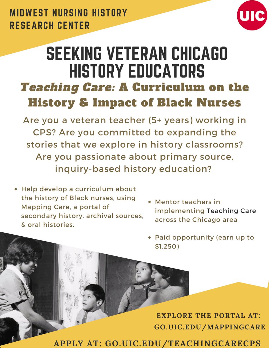 Excited to announce this paid curriculum development opportunity for history educators in Chicago Public Schools! Please share widely in your networks and have candidates apply by November 30th at: go.uic.edu/TeachingCareCPS