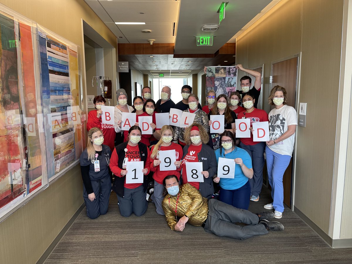 Our bone marrow transplant inpatients teams, led by attendings @lymphomaphilia and @krishna543, dressed up in honor of @taylorswift13's 1989 album re-release to bring encouragement to our heme malignancies patients as they fight their 'Bad Blood' cancers.