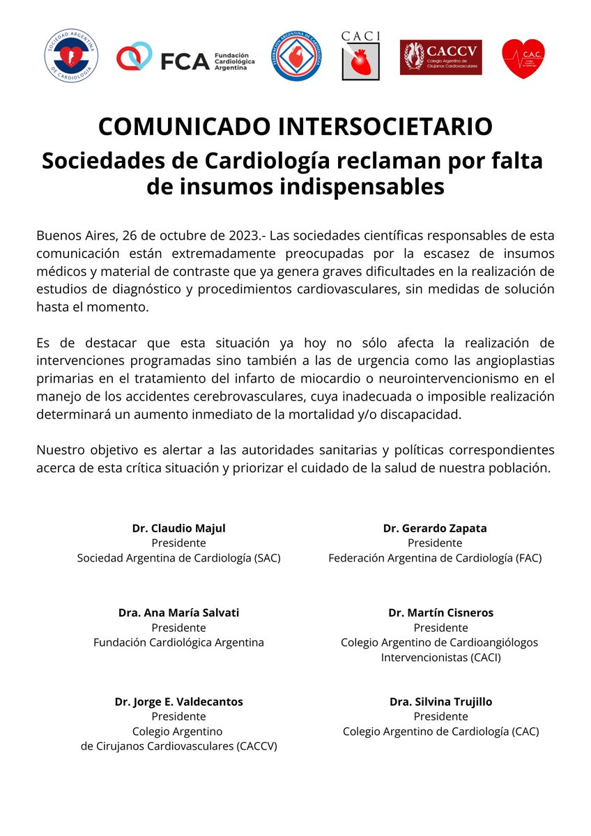 🔵Comunicado Intersocietario: Sociedades de Cardiología reclaman por falta 
de insumos indispensables