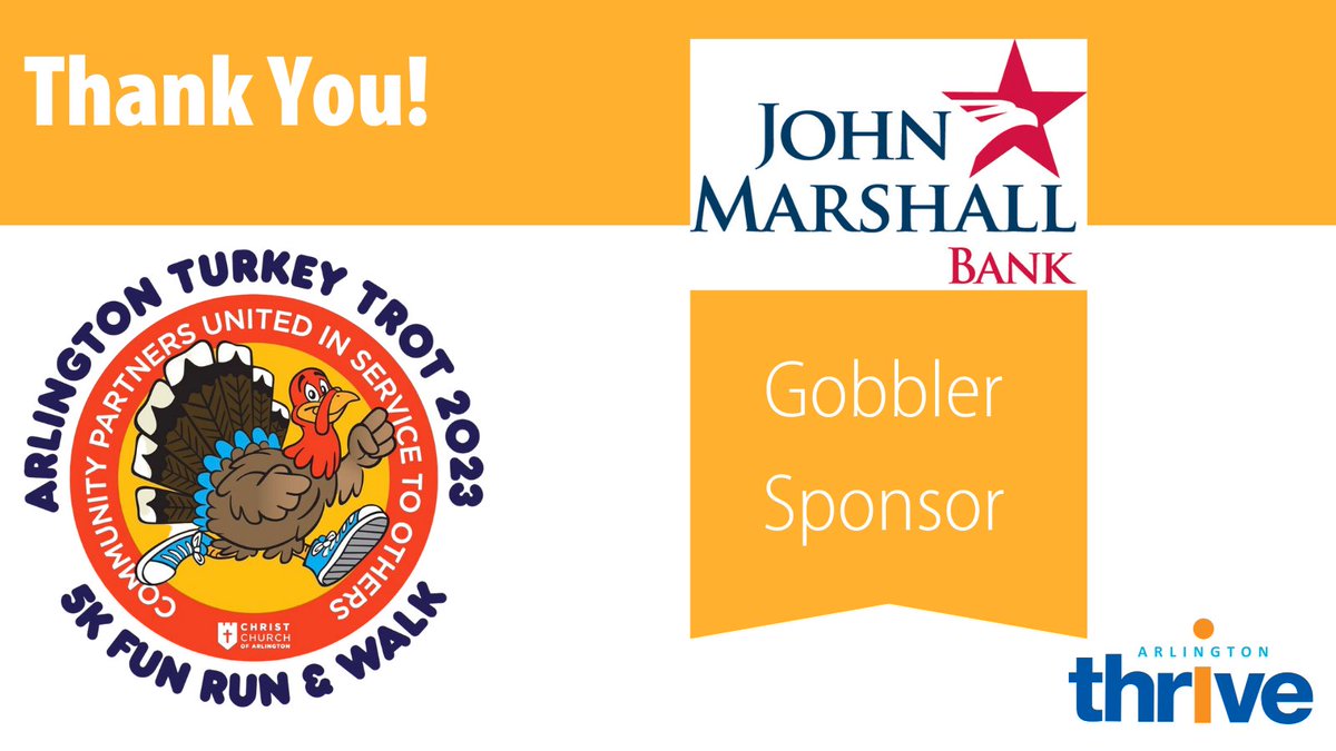 🙌🏦 GIVE IT UP FOR JOHN MARSHALL BANK! 🌟 

Their generosity as Gobbler Sponsors of the Arlington Turkey Trot is helping our community thrive. Register, donate, or volunteer today at arlingtonvaturkeytrot.org. 

#ArlingtonVATurkeyTrot #HowWeThrive