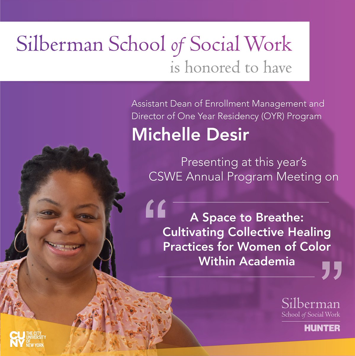 silbermanssw's tweet image. Assistant Dean of Enrollment Management and Director of the One Year Residency (OYR) Program Michelle Desir is presenting at #CSWE2023!

Session: Education Session
Date: Friday, October 27
Location: Imperial Ballroom, Salon A
Time: 10:30am-11:30am