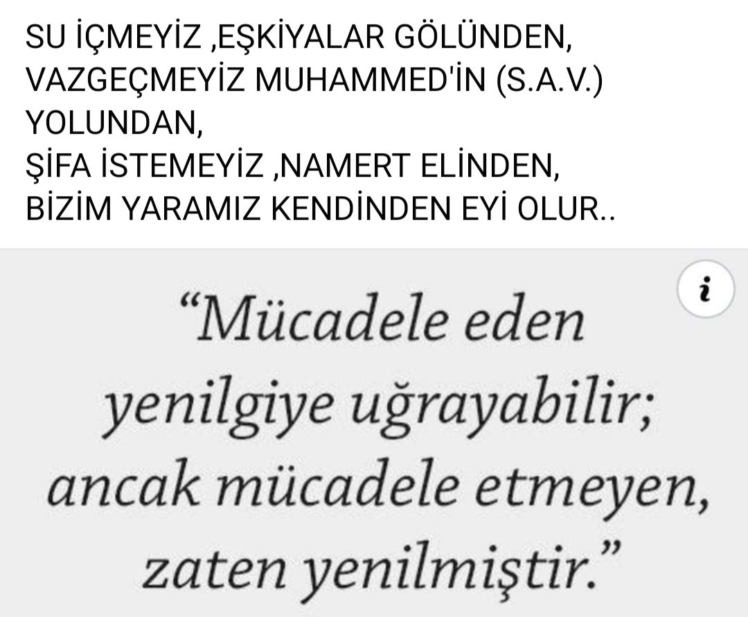 Zulmü alkışlayamam,zalimi asla sevemem /Gelenin keyfi için geçmişe kalkıp sövemem,
YUMUŞAK BAŞLI İSEM,KİM DEDİ UYSAL KOYUNUM,/KESİLİR BELKİ,FAKAT ÇEKMEYE GELMEZ BOYNUM...
" Zulüm  1453'de başladı." diyenler için:
UYAN EY TÜRK UYAN! UYUMAK NENE!/KALK,DOĞRUL YERİNDEN,YÜRÜ GEÇ ÖNE!