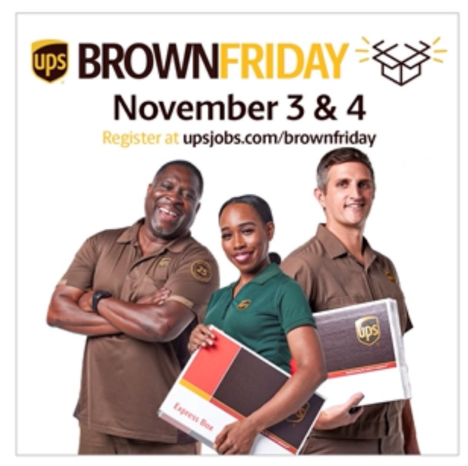 Come join <a href="/UPS/">UPS</a> for “Brown Friday”! What is Brown Friday? Go to the link provided for all our Brown Friday hiring information. Jump on with an awesome company for this holiday season. All Brown Friday walk-ins welcomed. jobs-ups.com/brownfriday

<a href="/HRGalindoUPSers/">Luis</a> <a href="/koltensmith10/">Kolten Smith</a>