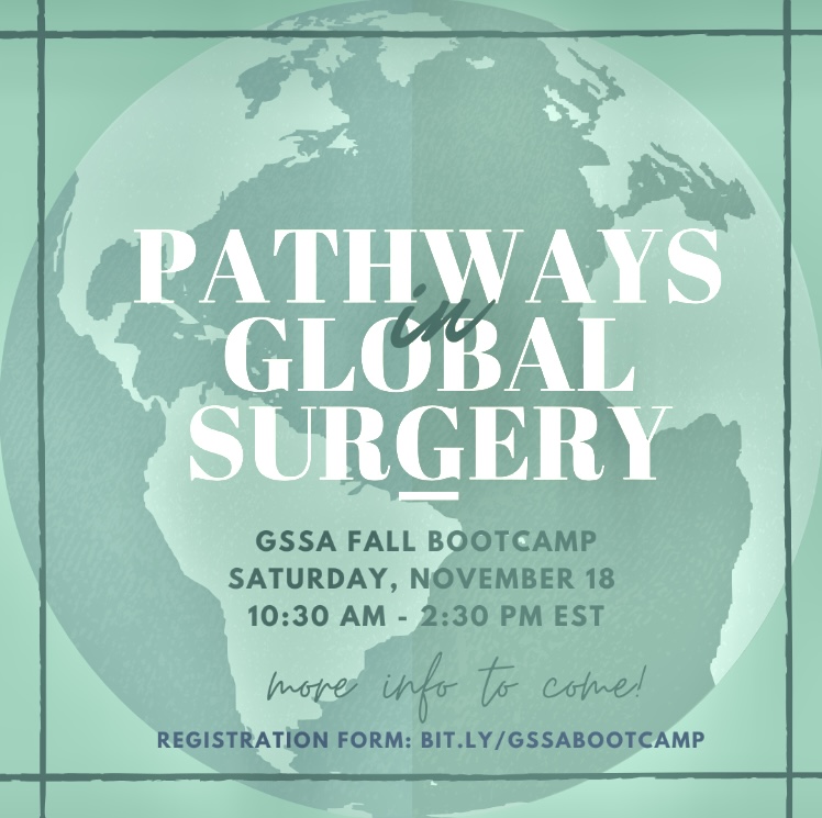 gsurgstudents's tweet photo. GSSA is excited to announce our annual Fall Bootcamp: Pathways in Global Surgery! 

Join us on Saturday Nov. 18th from 10:30 AM - 2:30 PM EST to learn from world leaders in global surgery and develop foundational skills in the field. 

Sign up here: https://t.co/P0BIjohaw7. https://t.co/yvOAsAES4M