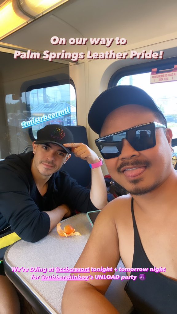 meatyfable's tweet photo. On our way to Palm Springs Leather Pride. Catch us DJing tonight + tomorrow night at @ccbcresort for @RubberSkinBoy’s UNLOAD party. @meaty_panda @cazdenhunter @toby_knuckles https://t.co/OMztYvR6uI
