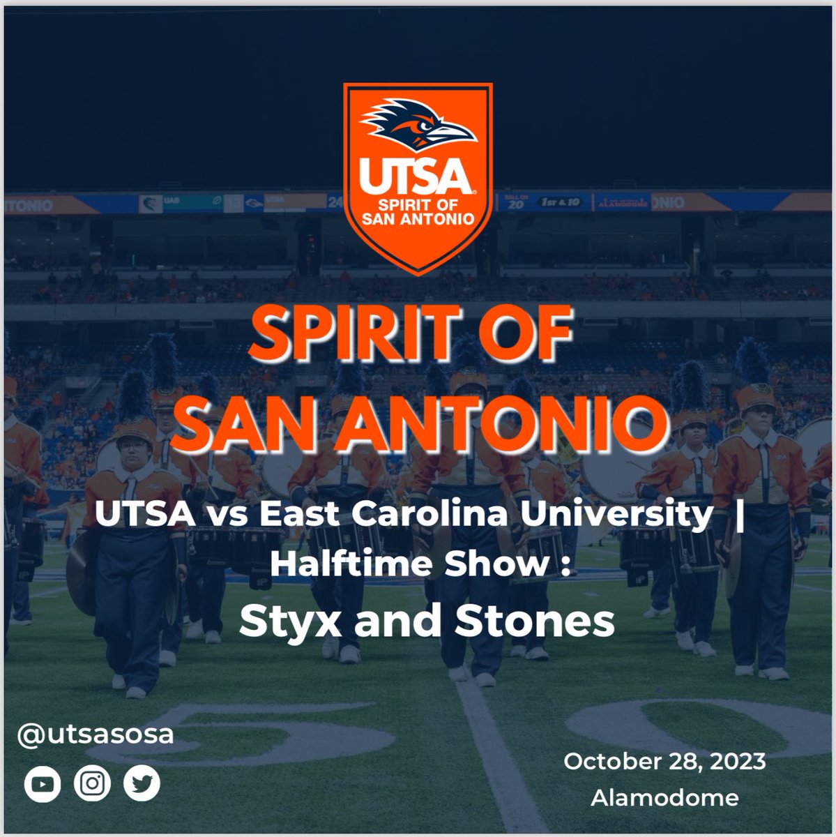 UTSASOSA's tweet photo. For this Saturday’s Homecoming game, stick around for our Styx and Stones halftime show as well as The Spirit of the Roadrunner announcement!
#utsasosa #UTSA #utsahomecoming https://t.co/fxIySDMQCm