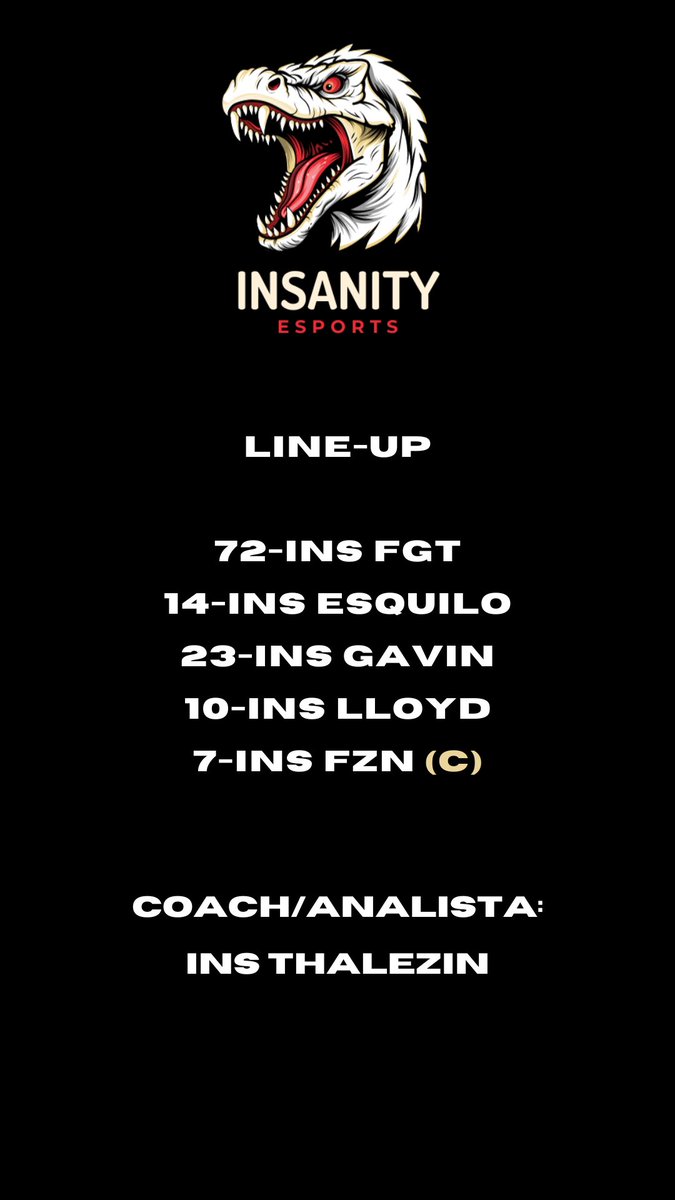 udiinsanity's tweet photo. A line-up que disputará os próximos campeonatos, será composta por:  

TOP ⚔️:@EsquiloVoraz 
JG 🌳    :@gavinzera 
MID 🧙‍♂️:@fuguetelol 
ADC🔫:@AlvaroLloyd13 
SUP 🛡️ :@YannFzn10 

COACH 🧐:@ThalezinAC 
#GOINS https://t.co/u2LLupU1By