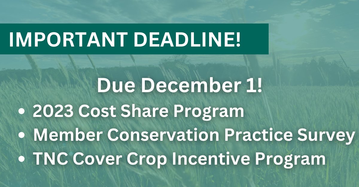 PeninsulaFarmer's tweet photo. Don’t delay! 2023 Cost Share Program, Member Conservation Practice Survey (required for cost share) and TNC Cover Crop Incentive Program are due December 1. Visit our website for more information or to sign up. https://t.co/542JmzDkBq https://t.co/sevo2rL3q4