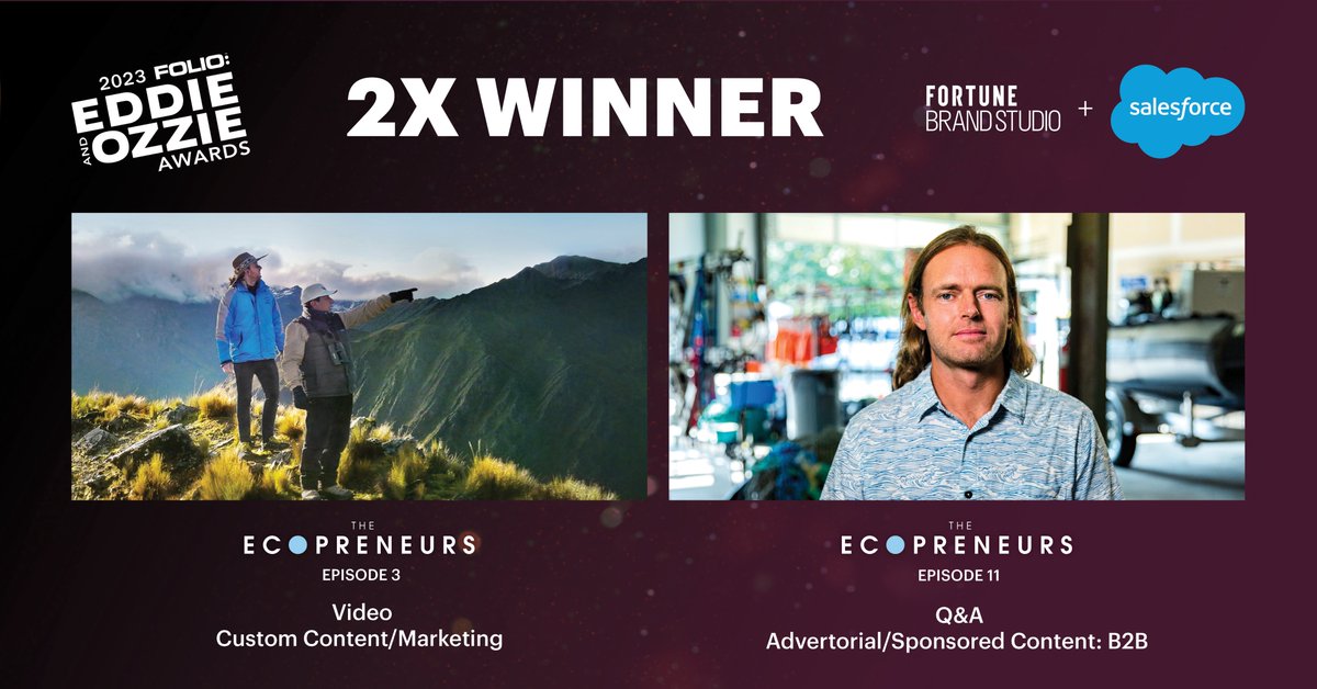 fortunebranded's tweet photo. The @foliomag Eddie &amp; Ozzie Awards have been announced, and our work on ‘The Ecopreneurs’—our award-winning @salesforce+ docu-series—took home top honors for Ep. 3: @accion_andina and our Q&amp;A with Kevin O'Brien of @pmdphawaii! Check out the winning work: https://t.co/TirsLY3Mph https://t.co/rwJBQoDfCq