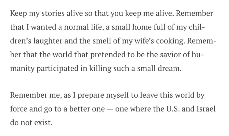 1sheep23's tweet photo. "Keep my stories alive, so that you keep me alive. Remember that the world that pretended to be the savior of humanity participated in killing it."
- Tareq S. Hajjaj, Mondoweiss Gaza Correspondent

https://t.co/RlMbFHj4NM https://t.co/Bz7QjP20AW