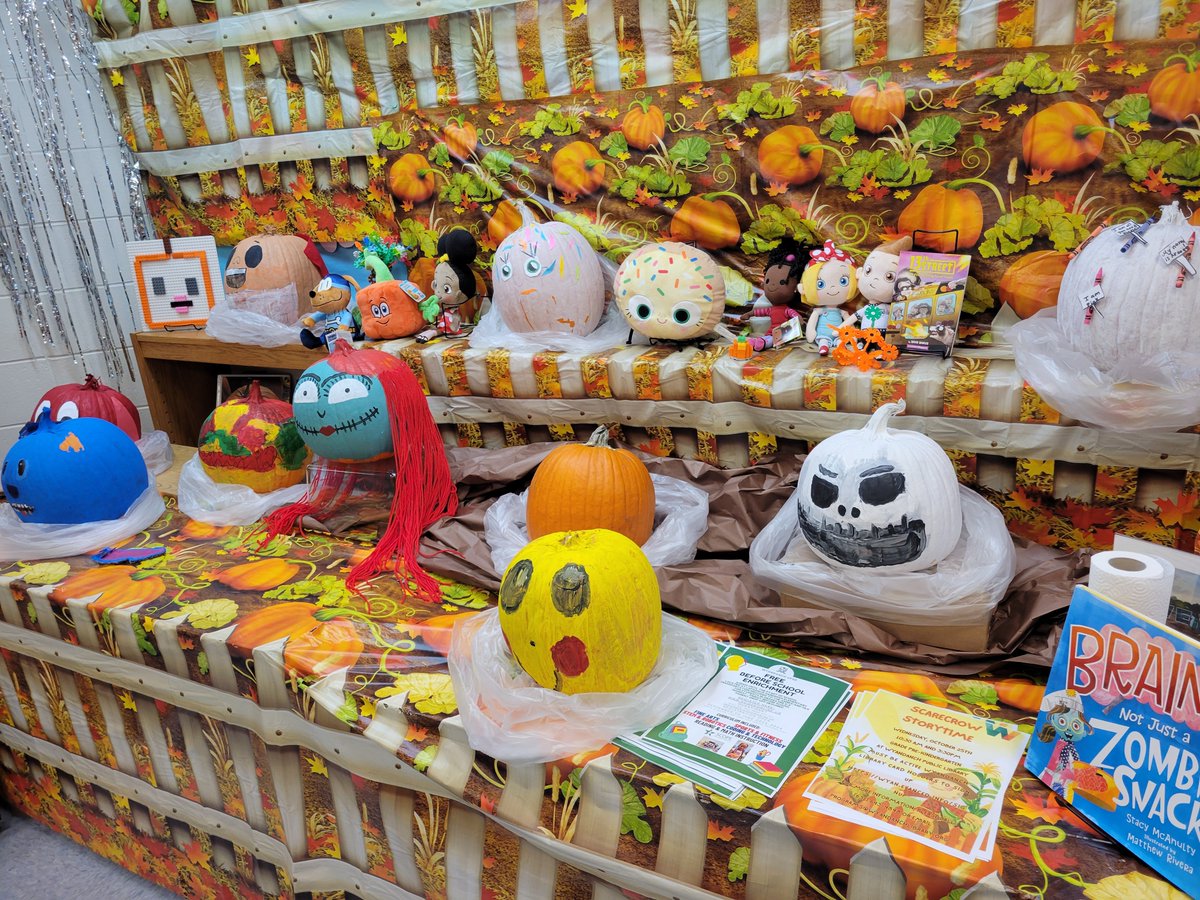 pcal1028's tweet photo. Book Character Pumpkins! ...dont mind the plastic bags under each one...cane in last Monday to 2 rotten ones and stinking pumpkin juice everywhere...traumatized lol. #lifeinthelibrary https://t.co/HeBxVfbxKG