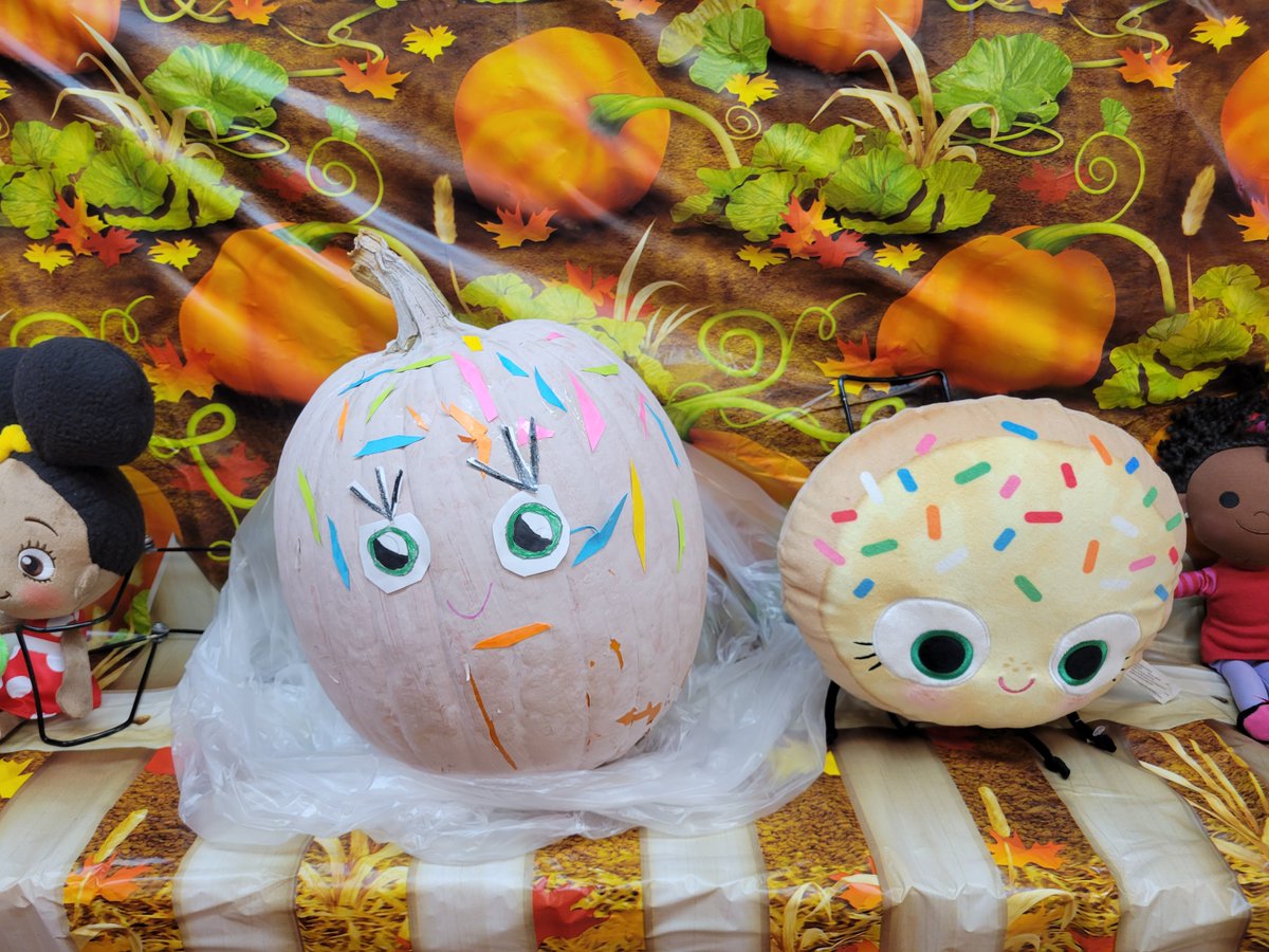pcal1028's tweet photo. Book Character Pumpkins! ...dont mind the plastic bags under each one...cane in last Monday to 2 rotten ones and stinking pumpkin juice everywhere...traumatized lol. #lifeinthelibrary https://t.co/HeBxVfbxKG