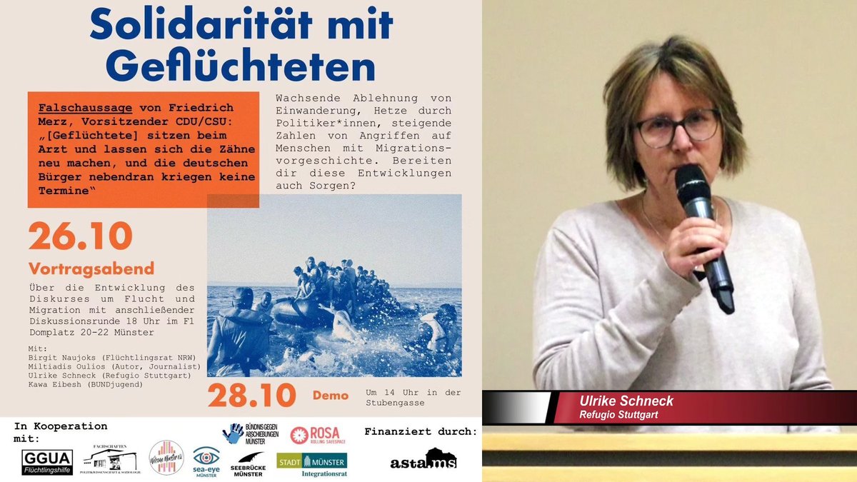 Muenstertube's tweet image. (Video) Vortragsabend in #Münster: "Solidarität mit Geflüchteten" - Ulrike Schneck @refugio_ev 
@MsSeebrucke @Bleiberecht4all @promsgegennazis @MariaA84517  @Dr_Tsakalidis @manwink @GronoJan @dr_druecke #RatMS 
youtu.be/EstjrkJ4c9U