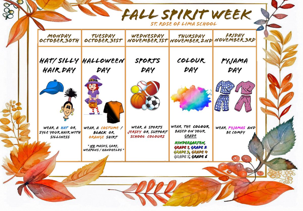 StRoseKP's tweet photo. Reminder about Fall Spirit Week (Oct 30-Nov 3) next week. https://t.co/DaIUYx1iUi