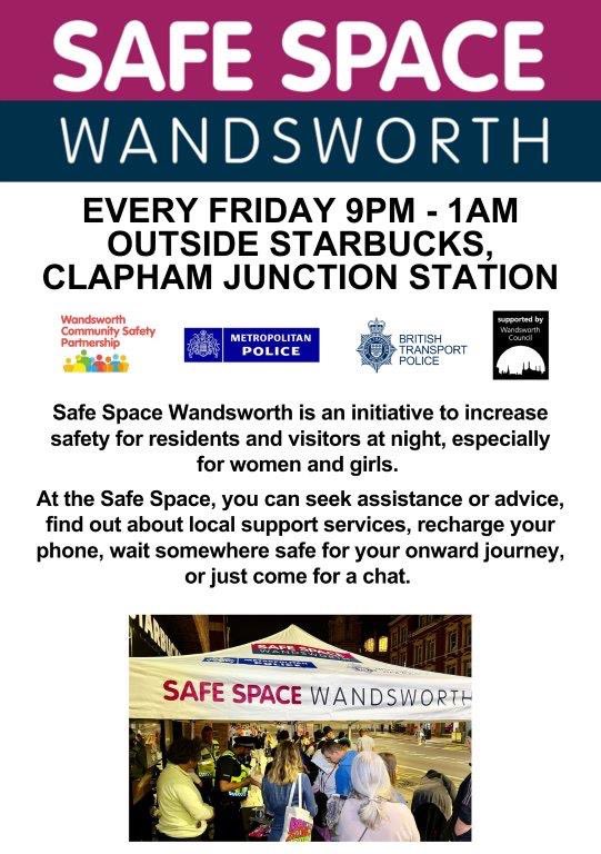 Safe Space Wandsworth by @metpoliceuk @MPSFalconbrook @wandbc @BTPLondon and your friendly safer neighbourhood team (us!) is up and running. #ClaphamJunction