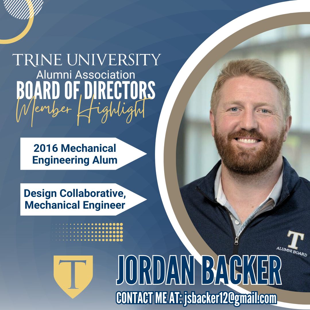 TrineAlumni's tweet photo. ⚡️ MEET YOUR BOARD! ⚡️

Jordan Backer is a '16 Mechanical Engineering grad and has been a member of the Board since '18. He's currently a mechanical engineer at Design Collaborative.

CONTACT JORDAN IF: pursuing a Mechanical/Electrical Engineering degree or living in Fort Wayne https://t.co/kIllAyNAm1