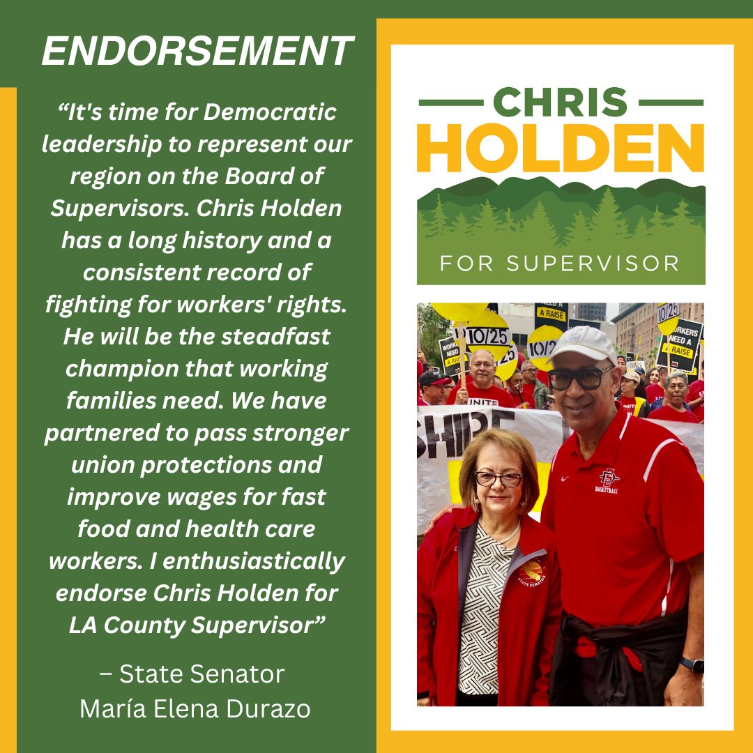 I am honored to have Senator Maria Elena Durazo's endorsement. We are lucky to have her leading the fight for social justice and I look forward to collaborating with her to address the challenges this region faces as your Supervisor.