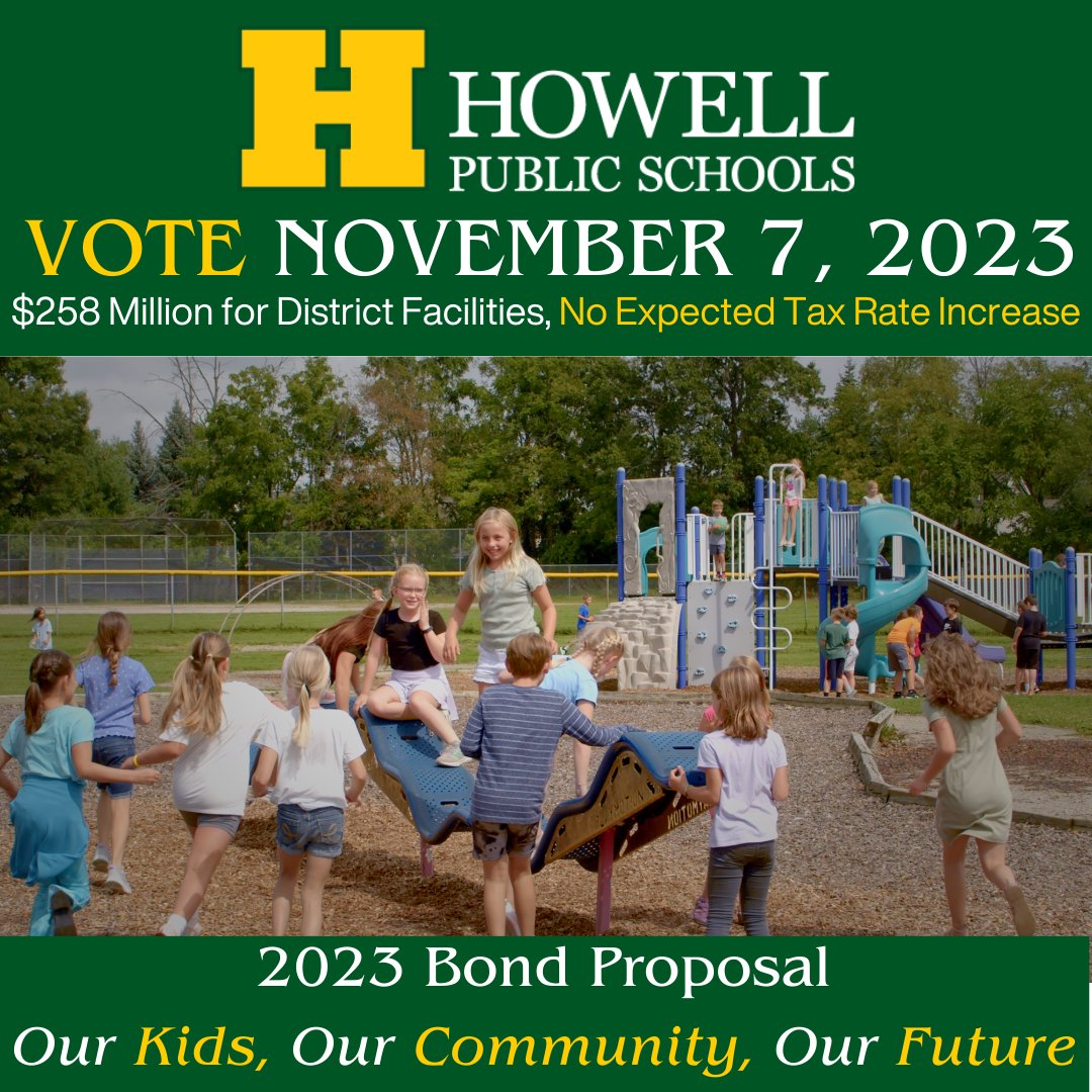 We are less than 2 weeks away from election day. Have you taken a few minutes to learn about the Howell Schools Bond Proposal that will be on the ballot? If not, please visit HowellSchools.com/Bond to learn all about it and remember to vote Noivember 7.

#OneHowell