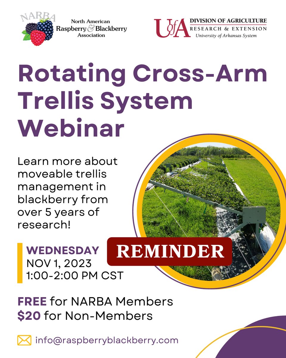 raspblackassoc's tweet photo. Reminder to register for the RCA Trellis System Webinar that is happening next week! We will accept registrations through 10/31. Register now to secure your spot!
https://t.co/xn6gGTXNoF
#NARBA #berrygrower #raspberries #blackberries #blackraspberry #bramble #berryfarm #trellis https://t.co/QSgbXvlAZX