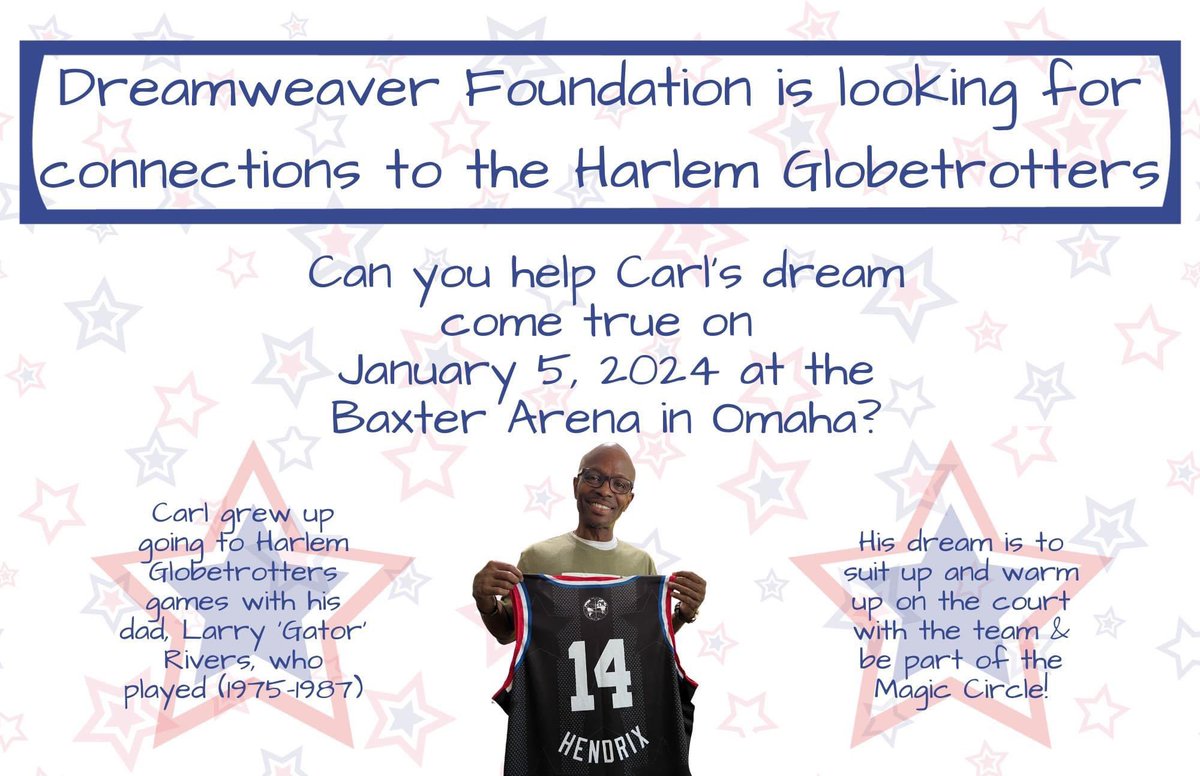 WE NEED YOUR HELP IN MAKING CARL’S DREAM COME TRUE. IF YOU, OR ANYONE YOU KNOW, HAS CONNECTIONS TO THE HARLEM GLOBETROTTERS, PLEASE LET US KNOW! 🙏🏻@rchusker