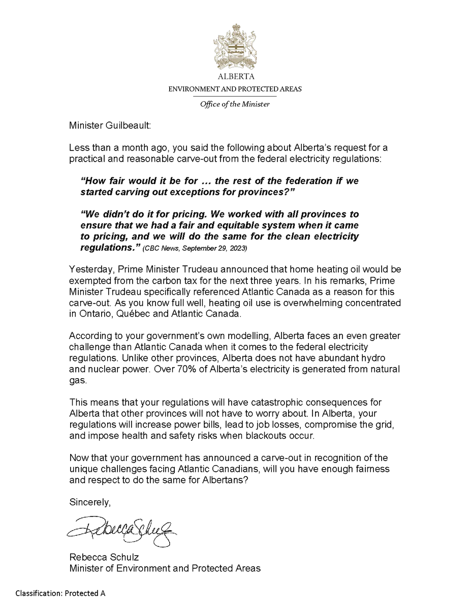 Minister <a href="/s_guilbeault/">Steven Guilbeault</a>:

Now that your government has announced a carve-out in recognition of the unique challenges facing Canadians in Eastern Canada, will you have enough fairness and respect to do the same for Albertans with the federal electricity regs? 

See my full letter: