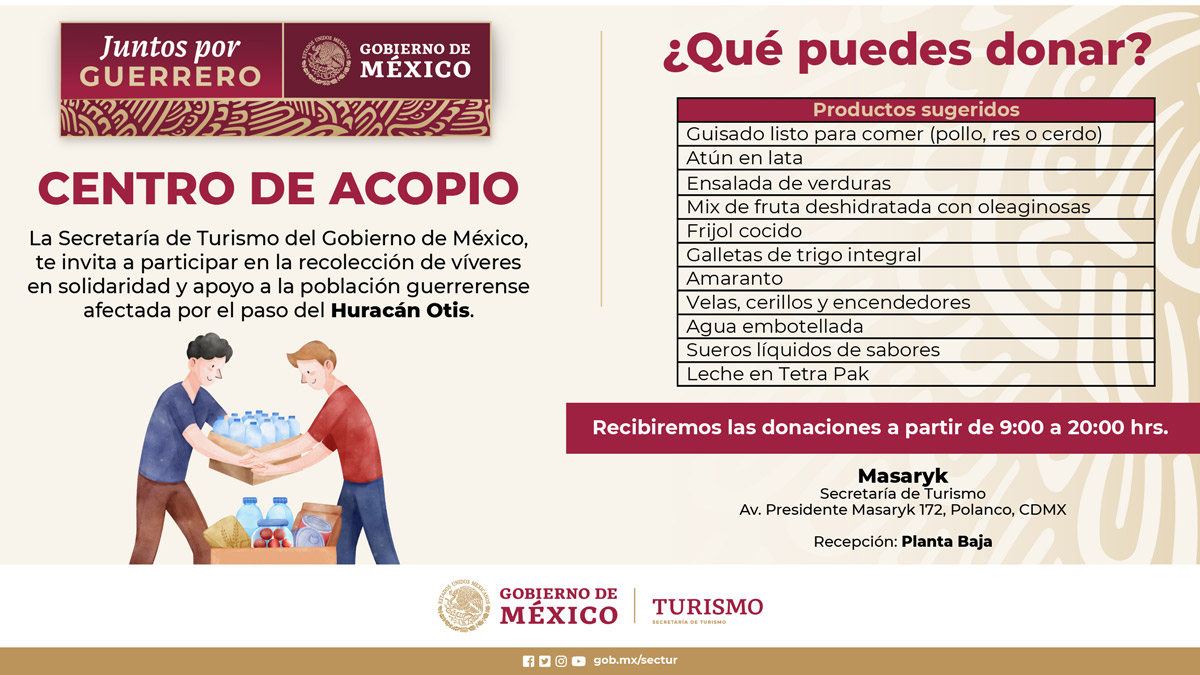 SECTUR_mx's tweet photo. El #CentroDeAcopio en nuestras oficinas continúa recolectando ayuda para los damnificados del puerto de #Acapulco y la región de la costa de #Guerrero afectados por el huracán #OTIS.

La unión hace la fuerza.🇲🇽🤝

Lunes a viernes - 9 a 20 horas. 🙌
#JuntosPorAcapulco https://t.co/IHaOO4kbpb