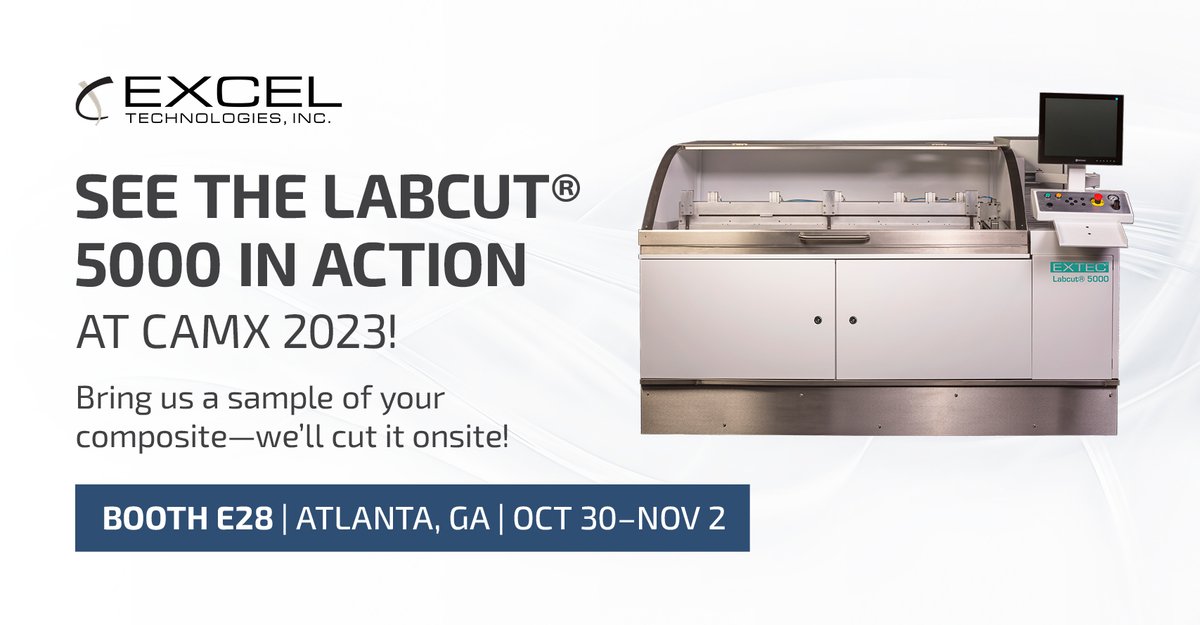 ExcelTechInc's tweet image. 🔬 Ready to witness the future of precision cutting? Bring a sample of your material to CAMX 2023, and we'll cut it for FREE at Booth E28! With Labcut 5000's speed, safety, and accuracy, seeing is believing. Don't miss out – Oct 30-Nov 2, Atlanta. #Extec #Labcut5000 #CAMX2023