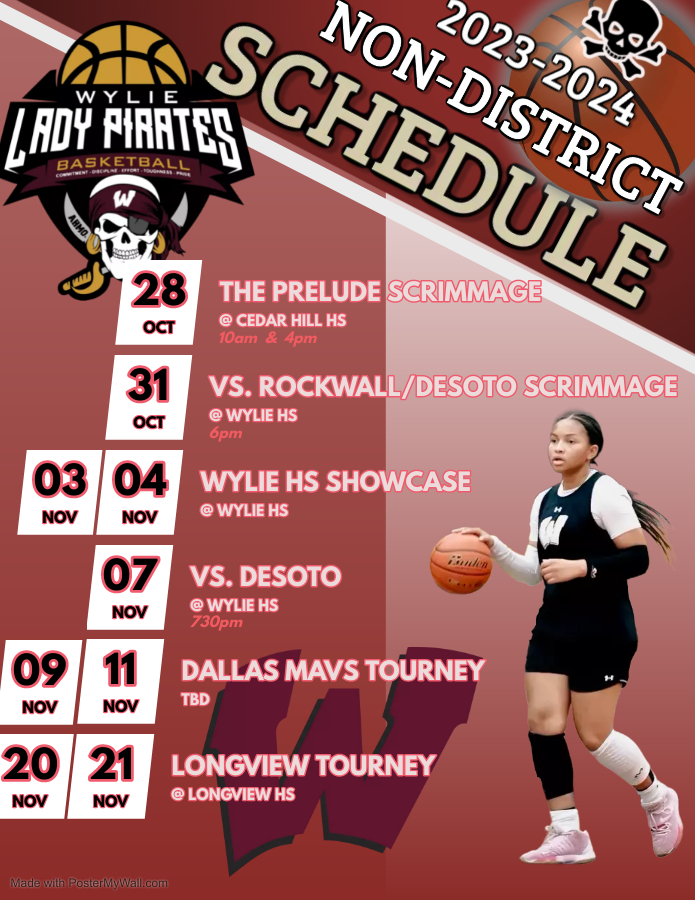 The 2023-24 Varsity Lady Pirates Season begins tomorrow!  Take a look at our Non District Schedule.  

Let's go @wyliegirlsbball!!  

#nextlevel🏴‍☠️🏀
#ahmo🏴‍☠️
#makethembelieve☠️

📸: @gdluckap