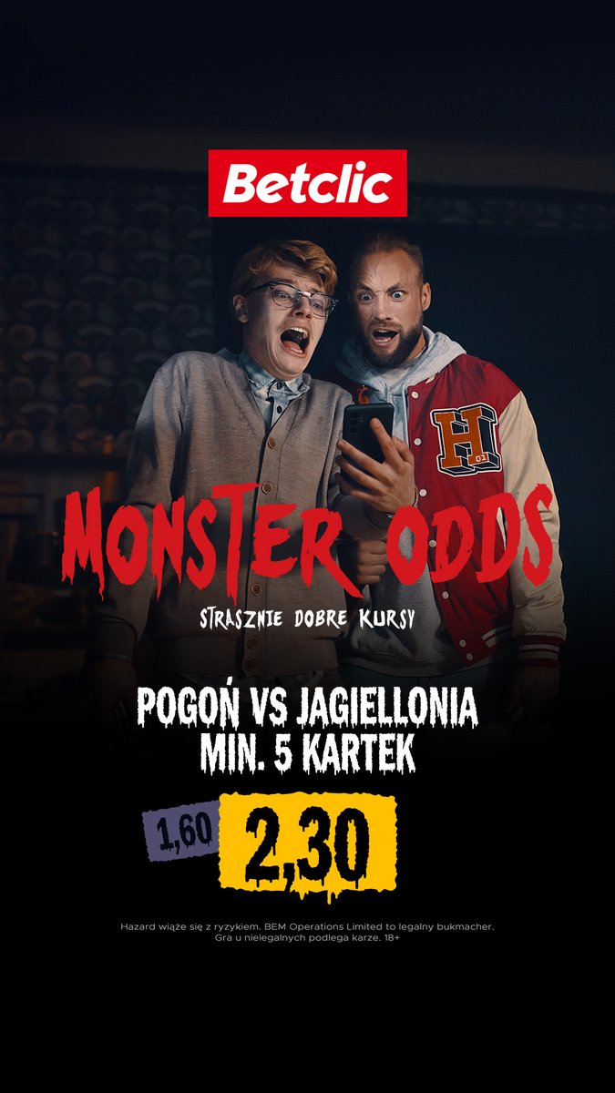 BetclicPolska's tweet photo. Strasznie dużo kartek w meczu #POGJAG? 😱
Podbijamy kurs 🆙 Teraz 2,30 dla najszybszych graczy!
Zagraj tutaj 👉https://t.co/YTu4NIYip2
P. S. Nie sędziuje Sylwestrzak, ale kto wie, kto wie... #MonsterOdds https://t.co/ReAgx2EWrI