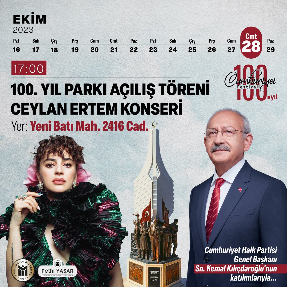 Cumhuriyetimizin 100. Yılında Cumhuriyetin ilçesi Yenimahalle’ye armağanımız olan, Yeni Batı Mahallesinde 60 dönümlük alanda inşa ettiğimiz 100. Yıl Parkı’nın, Genel Başkanımız Sn. Kemal Kılıçdaroğlu’nun katılımlarıyla düzenleyeceğimiz açılış töreni ile değerli sanatçımız Ceylan