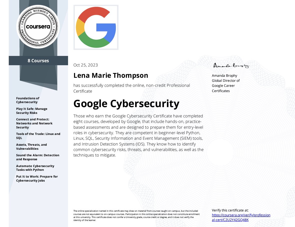 Google Cybersecurity Certified! #BlacksInCyber #LitLikeBIC