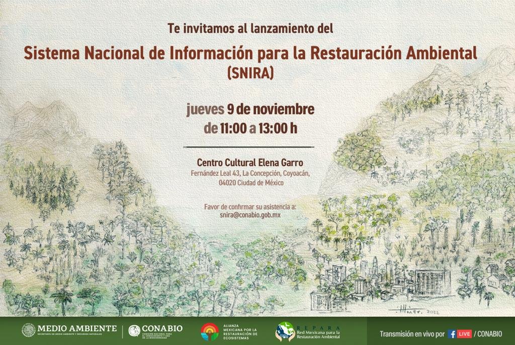 ¿Sabías que restaurar ecosistemas no es solo sembrar árboles? Te invitamos al lanzamiento del Sistema Nacional de Información para la Restauración Ambiental. Jueves 9 de noviembre a las 11 hs en el @cc_elenagarro Confirma tu asistencia en: eventos@conabio.gob.mx