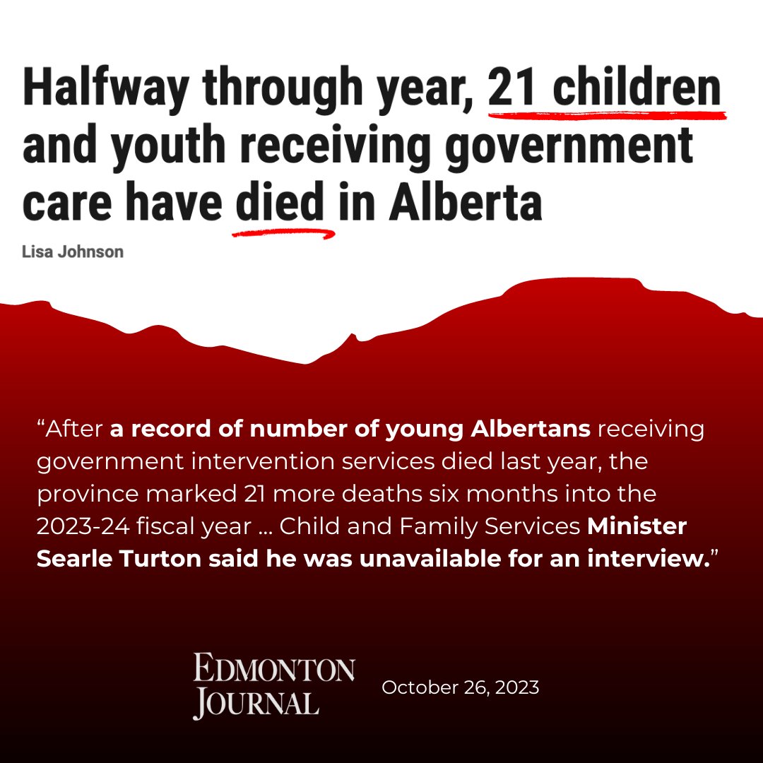 Children and youth dying is unacceptable. Especially if they're in government care. This is a crisis. We need government to step up and seek expert opinion on how to address this. Instead, we have a Minister who has chosen to stay quiet. #ableg #abpoli