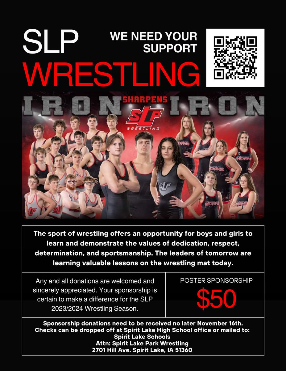 The continued success of our program relies heavily on the support of our community and our sponsors! Sign up now to become a Poster Sponsor or to make a donation to support Spirit Lake Park Wrestling programs for our 2023-24 Season!
forms.gle/TKa8EuqSw2qGVv…