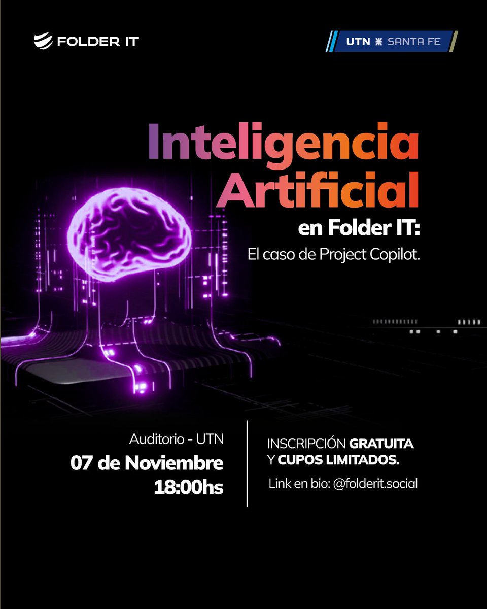 ISIFRSF's tweet photo. El día Martes 7 de Noviembre a las 18 hs tendrá lugar en el Auditorio “Cruz del Sur Constelación Creativa” de la Universidad Tecnológica Nacional - Regional Santa Fe, una conferencia denominada “Inteligencia Artificial en Folder IT: El caso de Project Copilot”. https://t.co/OzMHSYjw0H