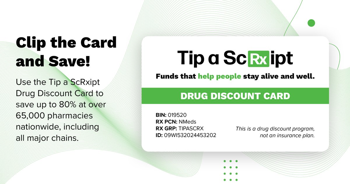 Tip a ScRxipt Drug Discount Card can be used by anyone in the US at no cost at over 65K pharmacies nation wide. 

Download the drug discount card:
tipascrxipt.com/static/media/d…

Visit our website for pharmacy locator and drug calculator:
tipascrxipt.com/drug-discount-…
