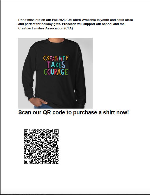 CFA_CMI's tweet photo. LAST CHANCE TO GET YOUR SPIRIT WEAR- orders due by 10/28!

Purchase a “creativity takes courage” shirt now before time runs out to order! They make great gifts! https://t.co/P23oPbsLyC