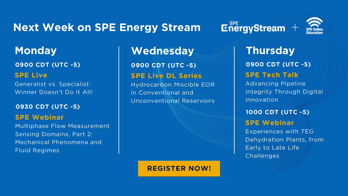 Join us next week for a series of informative and exciting sessions on SPE Energy Stream. Register now to secure your spot!

go.spe.org/tws4232

#SPEweeklymenu #SPEtechtalk #SPEenergystream #SPElive