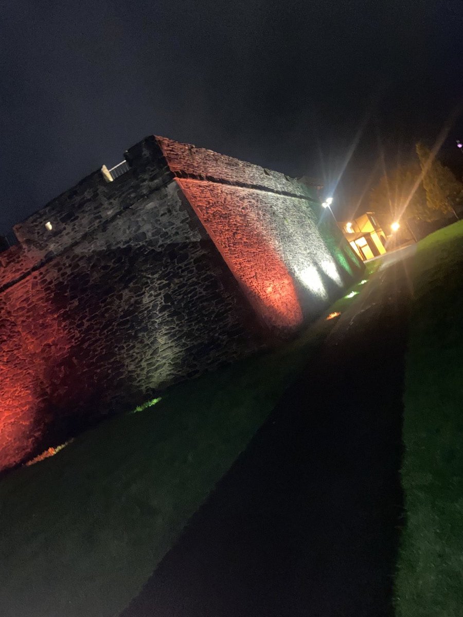 derryirsp's tweet photo. RSYM tonight changed the lighting on Derry walls to reflect the colours of Palestine. 

In a night when the genocidal Israeli government step up attacks on the civilian population of the Gaza strip Derry sends it's uncompromising solidarity to the Palestinian people. https://t.co/u2CpAB9NOK