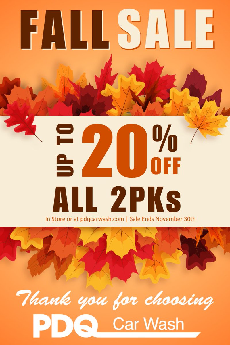 PDQCarWash's tweet photo. 🍁🚗 PDQ's Fall Sale Is Here! 🍁

So, cruise over to one of our eight convenient locations in Appleton, Green Bay, Ashwaubenon, Menasha, and Manitowoc, and let us give your car that special autumn glow it deserves. 🍁🚗

#PDQ #Carwash #Fall #Sale https://t.co/5NZY0SxoxR