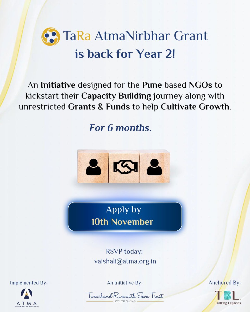 RamnathSeva's tweet photo. AtmaNirbhar Grant is back for Year 2 - For all Pune based NGOs. Get 6 months of capacity building and funding support. 

Partnered with TBL Consultancy Services and Atma, we're on a mission to empower Pune NGOs.

Apply by Nov 10: https://t.co/0z292gJ4rC. 
#taratrust #NGO #Pune https://t.co/Lwr12PcrsK