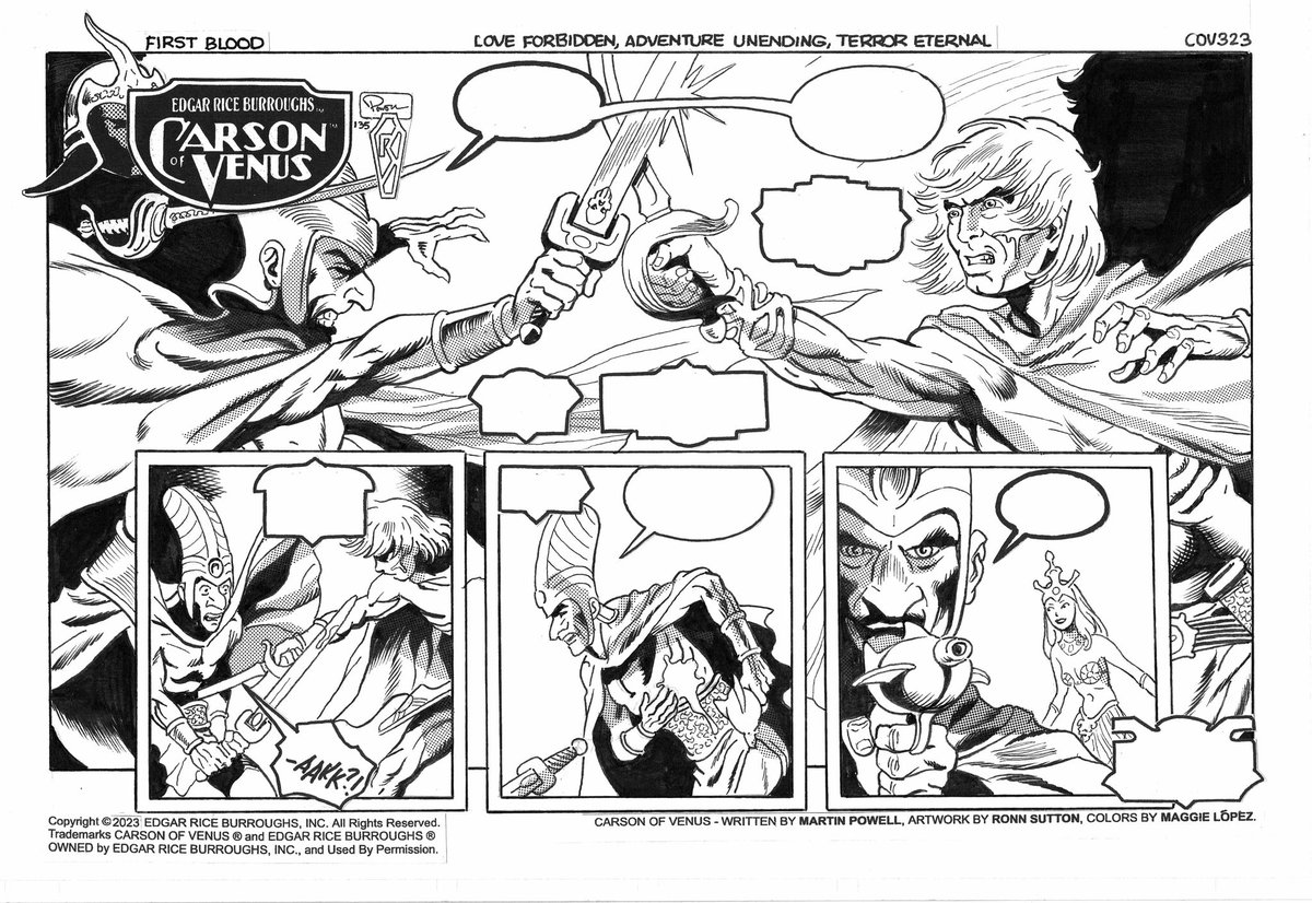 carson2venus's tweet photo. "First Blood"—Episode 323 of #ERB, Inc.'s #CARSONofVENUS™ webcomic—now LIVE!
Adapted from Edgar Rice Burroughs' original Venus novels
Script: @MartinPowell221; art: Ronn Sutton; colors: @PY_M1306
Preview plus roughs, pencils, inks
#Amtor #ERBUniverse https://t.co/LeoEwH6CMp https://t.co/PC9acPAVjT