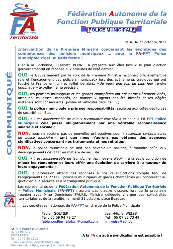 FAFPTPM's tweet photo. Intervention d' @Elisabeth_Borne concernant les évolutions des compétences des policiers municipaux … pour la @FAFPTPM #policemunicipale c’est un NON ferme ! @GDarmanin
@FaureDominique @Interieur_Gouv
@gouvernementFR @EmmanuelMacron https://t.co/PYf2S7lGx1