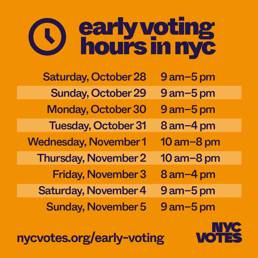 Polls are OPEN! 🎉Vote early for City Council, ballot proposals, and more in NY's general election. 

Today is *also* your last chance to register to vote: nycvotes.turbovote.org

📍Check your poll site: findmypollsite.vote.nyc
🔍Look up your ballot: nycvotes.org/candidates