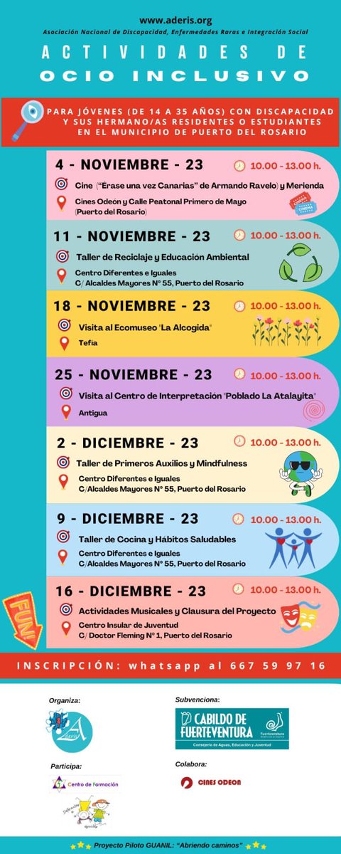 Presentamos las actividades del Proyecto GUANIL ("Abriendo caminos"), dirigido a jóvenes con discapacidad (de 14 a 35 años) y sus hermanos/as residentes o estudiantes de Puerto del Rosario; subvencionado por la Consejería de Aguas, Educación y Juventud-Cabildo de Fuerteventura.