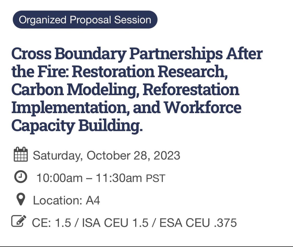 At #SAF2023 ? Come see <a href="/Reforest_Morris/">Brian Morris, PhD</a>, Kendall DeLyser, and I talk about cross boundary #partnerships that support post-fire #restoration and the creation of climate- and wildfire-resilient forests.